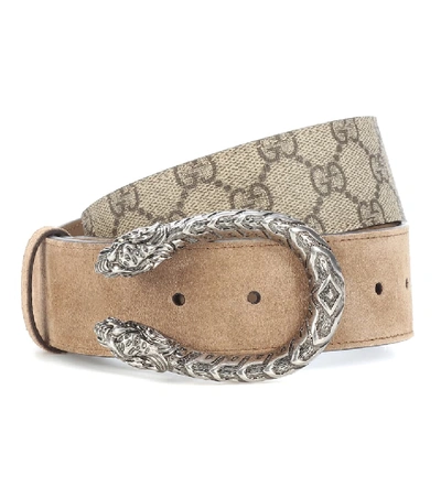 Gucci Dionysus Gg Supreme Canvas Belt W/ Double Tiger Head Buckle In Ebony/ Taupe