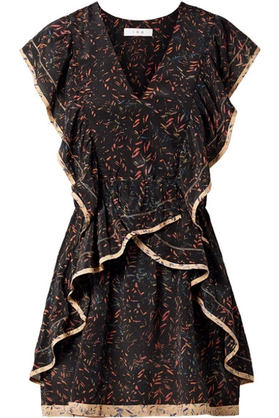 Iro Jicka V-neck Printed Silk Dress With Ruffled Frills In Black