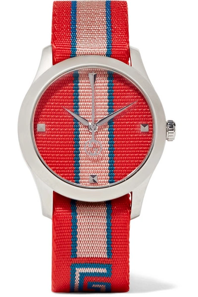 Gucci Striped Canvas And Stainless Steel Watch In Red