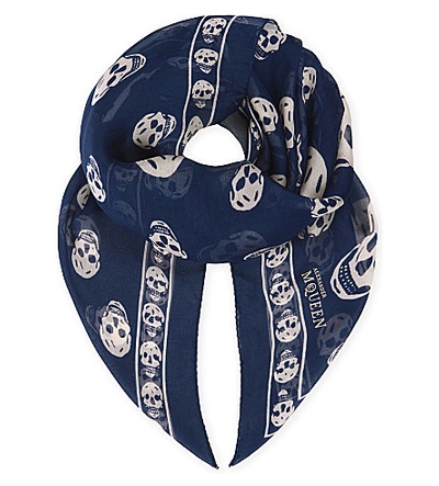 Alexander Mcqueen Blue Skull-print Silk Chiffon Scarf In Navy Pink