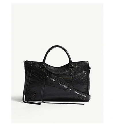 Balenciaga Classic City Striped Leather Shoulder Bag In Black