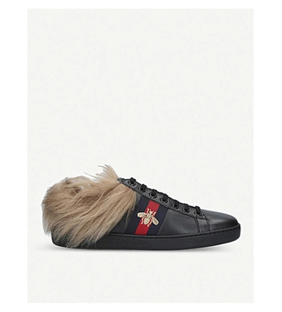 Gucci New Ace Shearling-lined Leather Trainers In Black