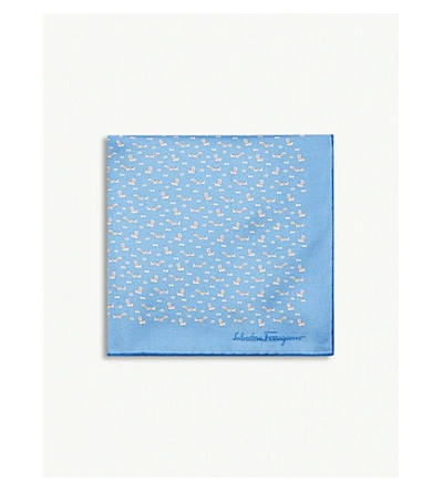 Ferragamo Dog Print Silk Pocket Square In Light Blue