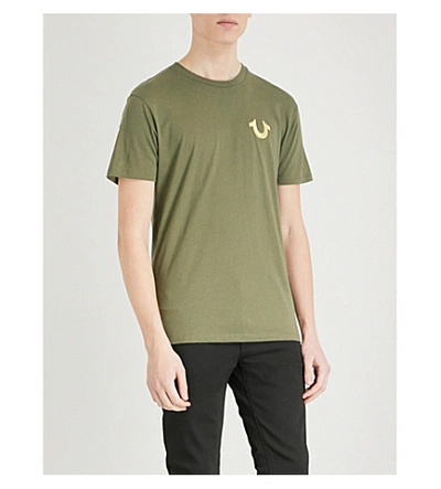 True Religion Metallic Logo-print Cotton-jersey T-shirt In Military Green