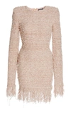 Balmain Long-sleeve Fitted Knit Cocktail Dress With Fringe In Pink