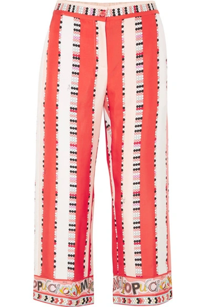 Emilio Pucci Cropped Printed Silk-twill Wide-leg Trousers In Red