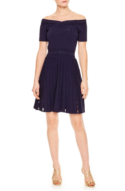 Sandro Off The Shoulder Textured Fit & Flare Dress In Navy Blue