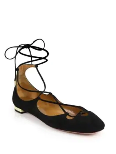 Aquazzura 10mm Christy Lace-up Suede Flats In Black