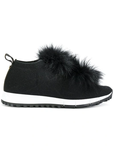Jimmy Choo Norway Black Knit And Lurex Trainers With Fur Pom Poms