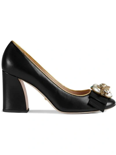 Gucci Leather Mid-heel Pump With Bee In Nero