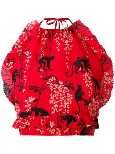 Red Valentino Monkey Print Halter Top In Red