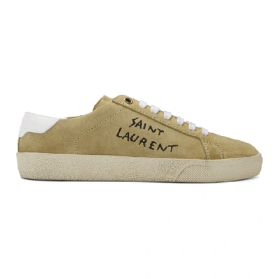 Saint Laurent Leather-trimmed Logo-embroidered Suede Sneakers In Beige