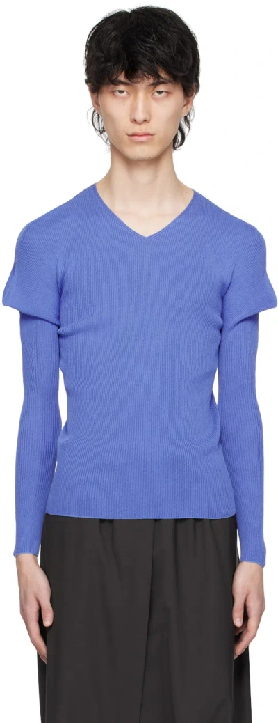 132 5. Issey Miyake Blue V-neck Sweater In 72-blue
