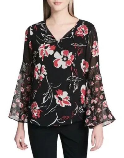 Calvin Klein Floral Print Bell Sleeve Blouse In White Watermelon