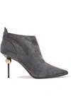 ROGER VIVIER WOMAN PATENT LEATHER-TRIMMED EMBELLISHED SUEDE ANKLE BOOTS ANTHRACITE,US 2526016084594784