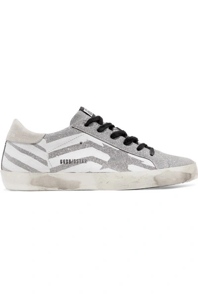 Golden Goose Superstar Distressed Glittered Leather And Suede Sneakers In Silver
