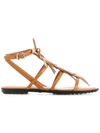 Tod's Fringed Leather Sandals With Logo In Brown