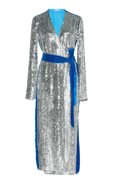 Attico Wrap-effect Paneled Sequined Crepe And Velvet Midi Dress In Silver/blue