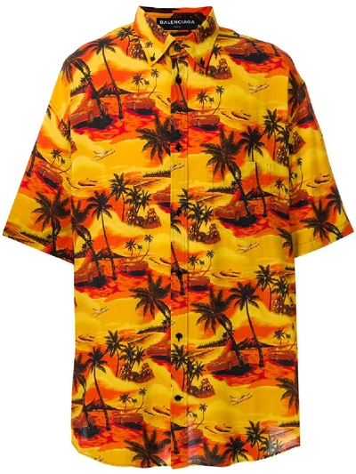 Balenciaga Hawaiian Print Poplin Short Sleeve Shirt In Yellow&orange