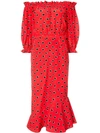 Saloni Grace Print Silk Off The Shoulder Dress In Red