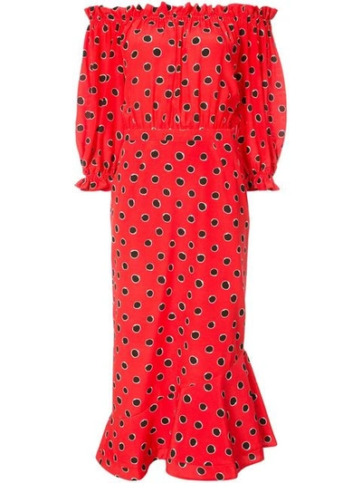 Saloni Grace Print Silk Off The Shoulder Dress In Red