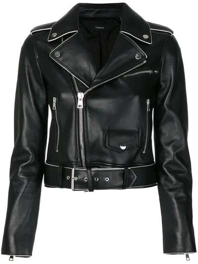 Theory Painted Edge Shrunken Leather Moto Jacket In Black