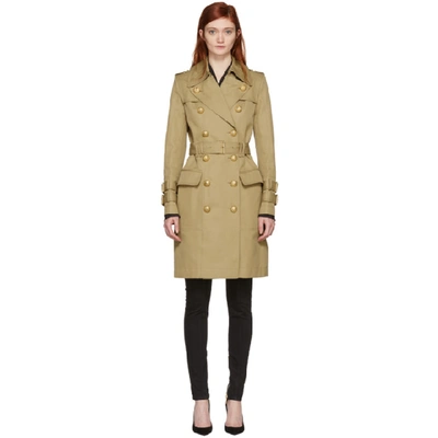 Balmain Double-breasted Knee-length Gabardine Trench Coat In Brown