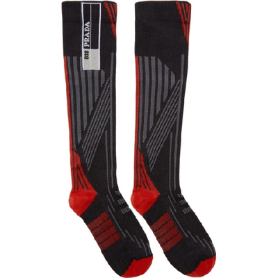 Prada Logo Stretch Nylon Knit Socks In Black/red