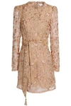 ZIMMERMANN WOMAN BELTED EMBROIDERED COTTON AND SILK-BLEND GAUZE MINI DRESS SAND,US 12789547614264084