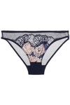STELLA MCCARTNEY WOMAN LACE-TRIMMED PRINTED SATIN AND MESH LOW-RISE BRIEFS MIDNIGHT BLUE,GB 22046357004942501