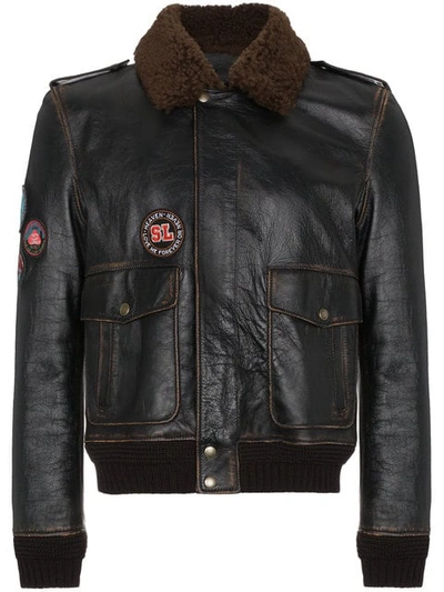 Saint Laurent Shearling Collar Leather Flight Jacket In Black