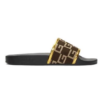 Gucci G Print Shower Slides In Brown