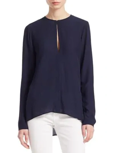 Theory Long-sleeve Slit-front Silk Classic Georgette Tunic Top In Deep Navy