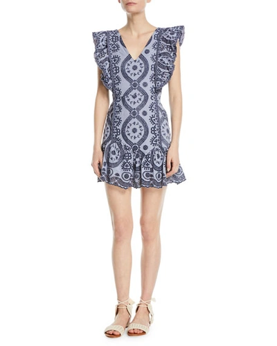 Loveshackfancy Alanis V-neck Sleeveless Eyelet Mini Dress In Navy