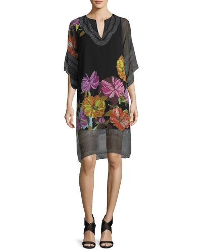 Trina Turk Floral-print Split-neck Chiffon Shift Dress In Black