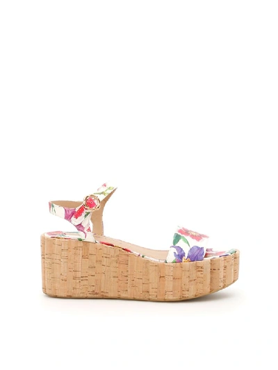 Ferragamo 70mm Tropea Bouquet Print Leather Wedges In White,red,green