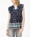 Lucky Brand Printed Lace-up Top In Navy Multi
