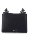 KARL LAGERFELD BLACK LEATHER ENVELOPE BAG, WITH CAT EARS AND METALLIC STUBS.,10539580