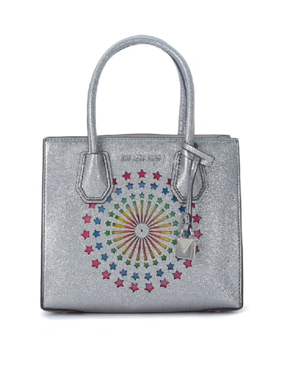 Michael Kors Mercer Messenger Silver Metal Leather Bag With Rainbow Stars In Argento