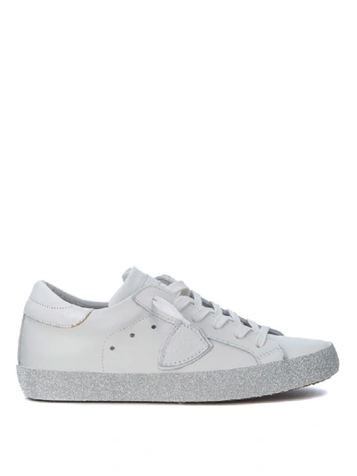 Philippe Model Paris White Leather And Glitter Trainer In Bianco