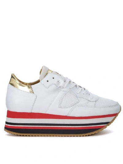 Philippe Model Eiffel White And Golden Leather Trainer In Bianco
