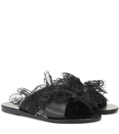 Ancient Greek Sandals Thais蕾丝边饰皮革凉拖鞋 In Black