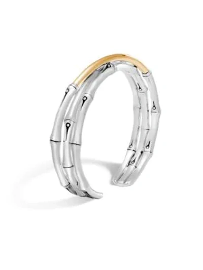 John Hardy Brushed 18k Yellow Gold And Sterling Silver Bamboo Small Flex Cuff In Silver And Gold