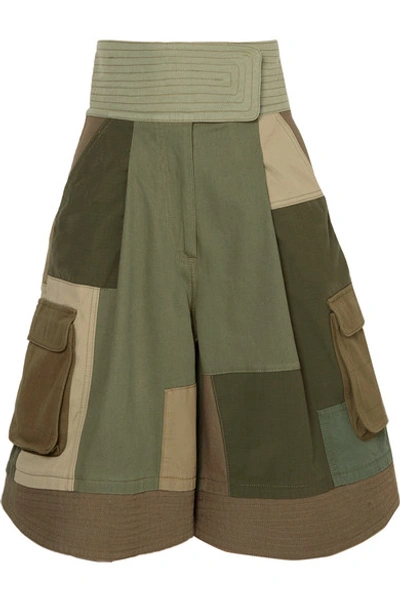 Valentino Patchwork Cotton-blend Shorts In Army Green