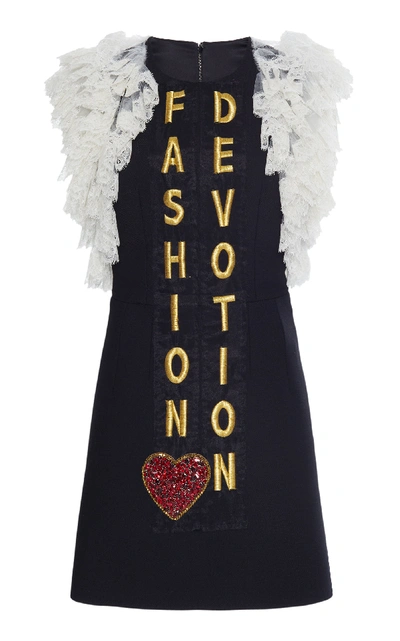 Dolce & Gabbana Ruffle-lace Fashion Devotion Embroidered Crepe Dress In Black