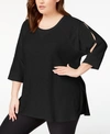 CALVIN KLEIN PERFORMANCE PLUS SIZE KEYHOLE-SLEEVE SPLIT-HEM TOP