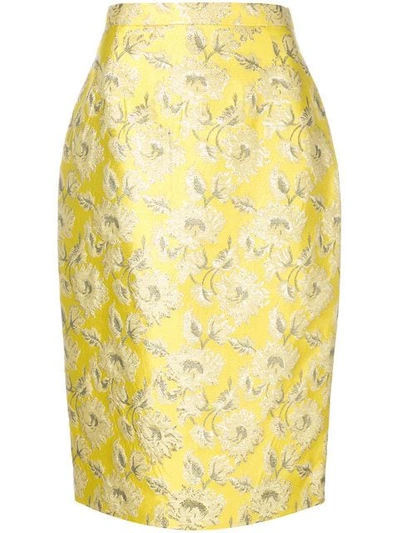 Prada Floral-brocade Pencil Skirt In Yellow