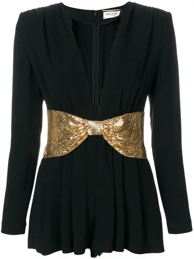 Saint Laurent Deep V-neck Knot-embellished Crepe Playsuit In Black