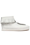 ALEXANDER WANG FRINGED EMBELLISHED TEXTURED-LEATHER ANKLE BOOTS,3074457345618613904