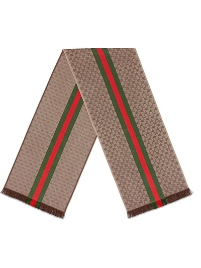 Gucci Gg Jacquard Knit Scarf With Web And Fringe In Brown